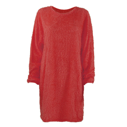 Color-Red-Autumn Winter Women Clothes Mid Length Long Sleeve Round Neck Loose Plush Dress-Fancey Boutique