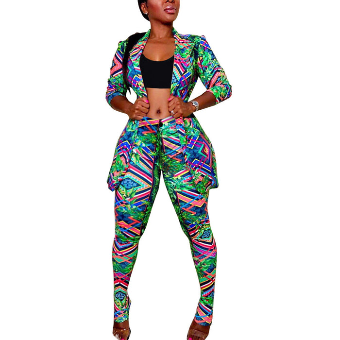 Color-Color Stripe-Turn-down Collar Coat Slim Pants Two-Piece Set Nightclub Uniforms-Fancey Boutique