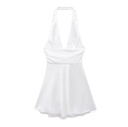 Women Clothing Summer Solid Color Silk Satin Texture Halter Dress Mini Dress-White-Fancey Boutique