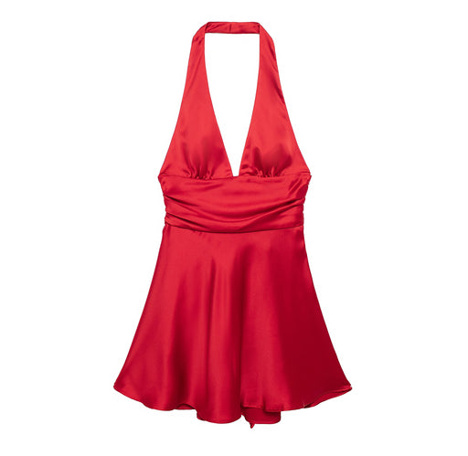 Women Clothing Summer Solid Color Silk Satin Texture Halter Dress Mini Dress-Red-Fancey Boutique
