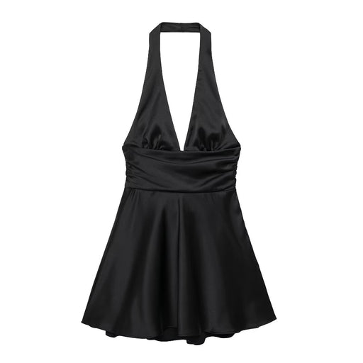 Women Clothing Summer Solid Color Silk Satin Texture Halter Dress Mini Dress-Black-Fancey Boutique