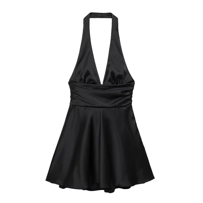 Women Clothing Summer Solid Color Silk Satin Texture Halter Dress Mini Dress-Black-Fancey Boutique