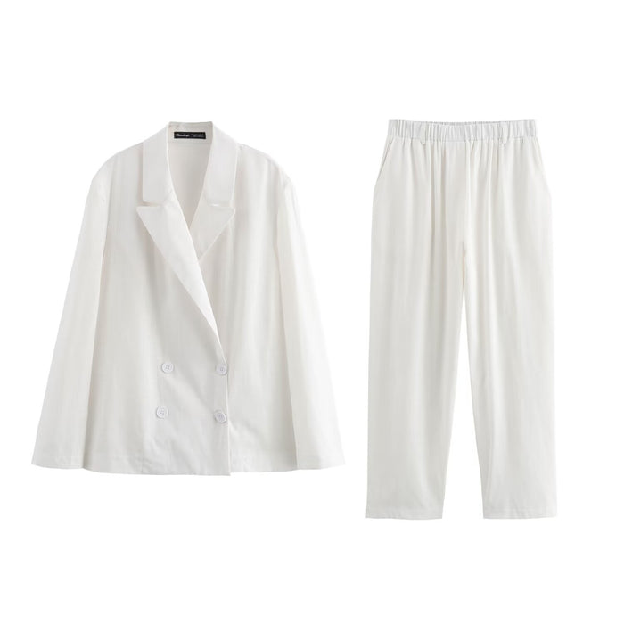 Women Clothing Summer Linen Pleated Blazer Straight Leg Pants Set-Fancey Boutique