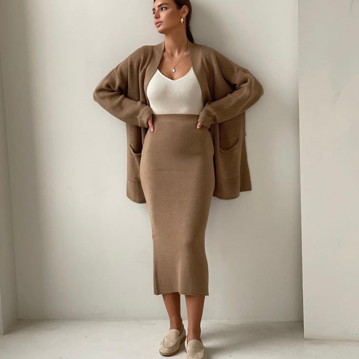 Women Sweater Autumn Winter Sweaters Cardigan Women Loose Waistband High Waisted Knitwear Skirt Sets-Khaki-Fancey Boutique