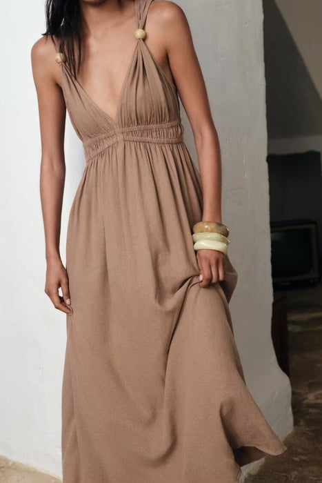 Women Ball Decoration Sleeveless V Neck Length Dress-Fancey Boutique