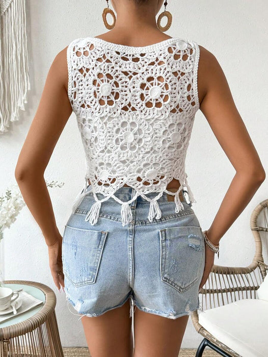 Crocheted Cutout Fringed Sleeveless Short Top-Fancey Boutique