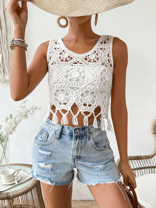 Crocheted Cutout Fringed Sleeveless Short Top-Fancey Boutique