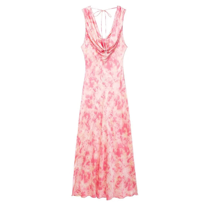 Elegant Lady Summer Tie Dyed Printed Draping Satin Sexy Sheath Dress Women-Pink-Fancey Boutique