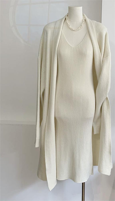 Autumn Winter Knitting Suit Women Elegant Vest Dress Long Cardigan Coat-Ivory-Fancey Boutique