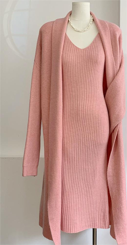 Autumn Winter Knitting Suit Women Elegant Vest Dress Long Cardigan Coat-Pink-Fancey Boutique