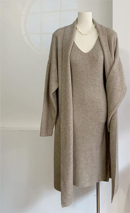 Autumn Winter Knitting Suit Women Elegant Vest Dress Long Cardigan Coat-Khaki-Fancey Boutique