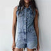 Women Clothing French Collared Sleeveless Denim Jumpsuit Wild Jumpsuit-Fancey Boutique