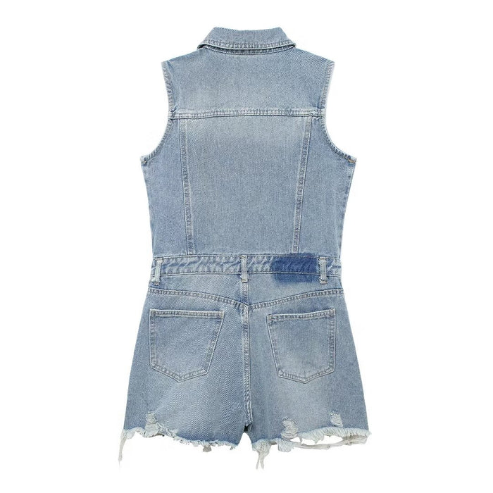 Women Clothing French Collared Sleeveless Denim Jumpsuit Wild Jumpsuit-Fancey Boutique