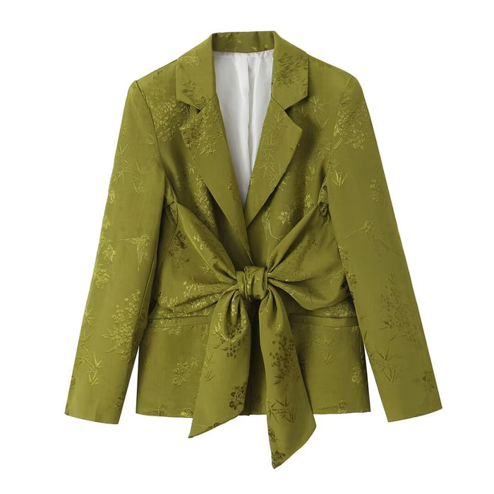 Women Jacquard Straight Leg Pants Bowknot Decoration Jacquard Blazer Set-Green-Fancey Boutique