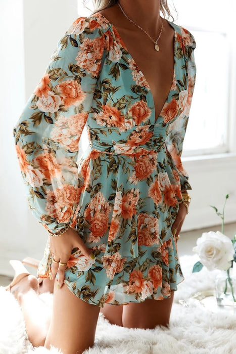 Summer Women Printed Bow Decoration V Neck Long Sleeve Loose Dress-Fancey Boutique