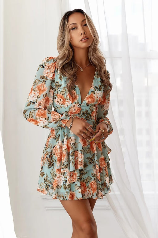 Summer Women Printed Bow Decoration V Neck Long Sleeve Loose Dress-Fancey Boutique