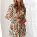 Summer Women Printed Bow Decoration V Neck Long Sleeve Loose Dress-Fancey Boutique