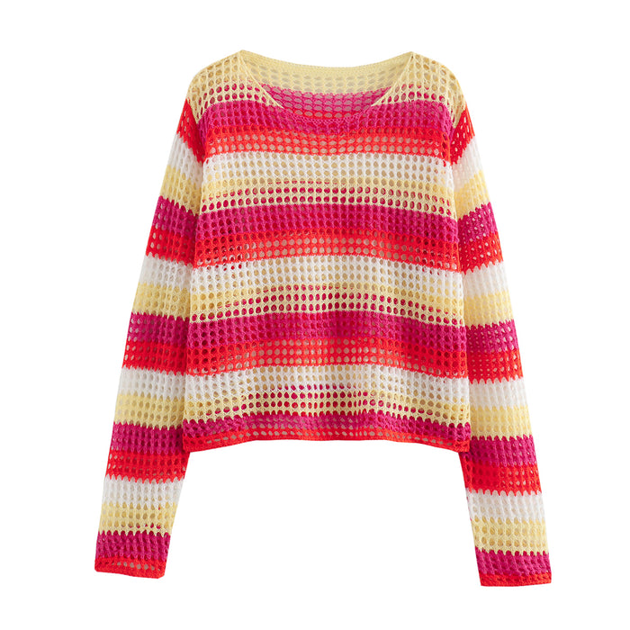 Summer Wind Women Knitted Polo Color Stripes Long Sleeved Sweater-Fancey Boutique