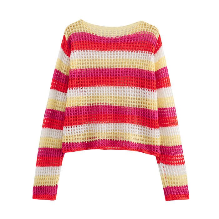 Summer Wind Women Knitted Polo Color Stripes Long Sleeved Sweater-Fancey Boutique