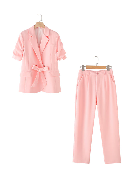 Women Clothing Summer Sweet Bow Pink Blazer Pant Sets-Pink-Fancey Boutique