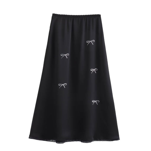 French Sweet Bow Rhinestone Lace Trim Satin Elastic Waist Bow Lace Up Skirt Women Summer-Black-Fancey Boutique