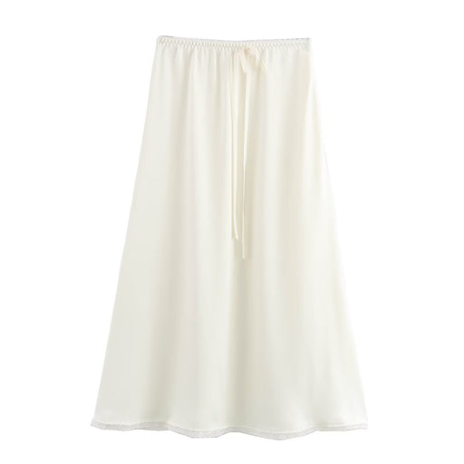French Sweet Bow Rhinestone Lace Trim Satin Elastic Waist Bow Lace Up Skirt Women Summer-White-Fancey Boutique