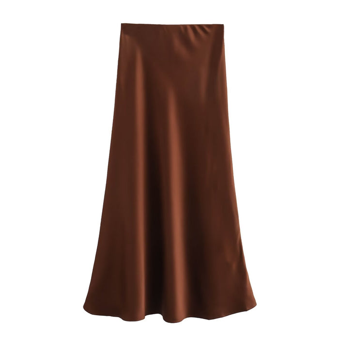 Summer Women Clothing Oblique Cut Heavy Satin Elastic Waist Long Skirt-Fancey Boutique
