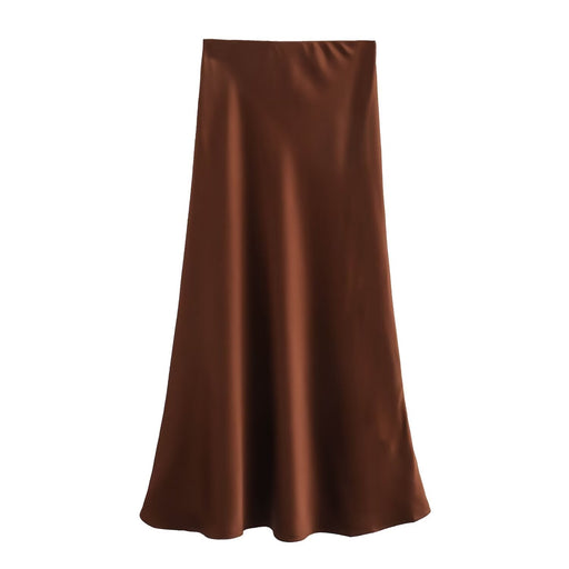 Summer Women Clothing Oblique Cut Heavy Satin Elastic Waist Long Skirt-Coffee-Fancey Boutique