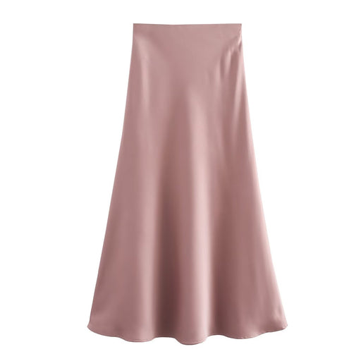 Summer Women Clothing Oblique Cut Heavy Satin Elastic Waist Long Skirt-Dirty pink-Fancey Boutique