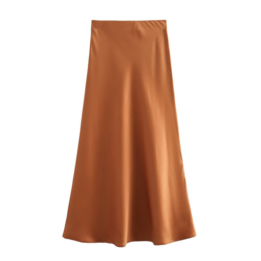 Summer Women Clothing Oblique Cut Heavy Satin Elastic Waist Long Skirt-Orange-Fancey Boutique