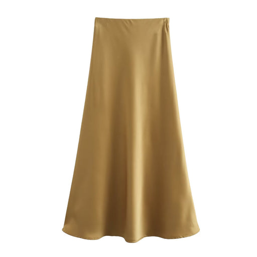 Summer Women Clothing Oblique Cut Heavy Satin Elastic Waist Long Skirt-Gold-Fancey Boutique