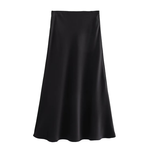 Summer Women Clothing Oblique Cut Heavy Satin Elastic Waist Long Skirt-Black-Fancey Boutique