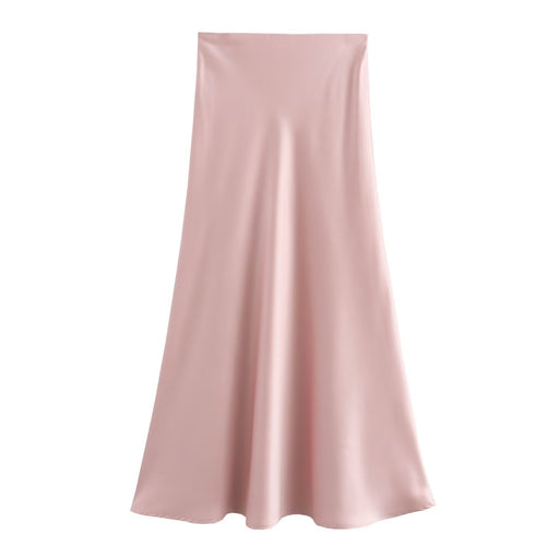 Summer Women Clothing Oblique Cut Heavy Satin Elastic Waist Long Skirt-Pink-Fancey Boutique