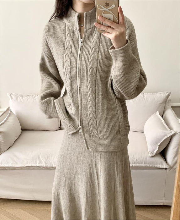 Loose Knitting Suit Women Autumn Winter Zipper Cardigan Sweater Fishtail Skirt-Fancey Boutique