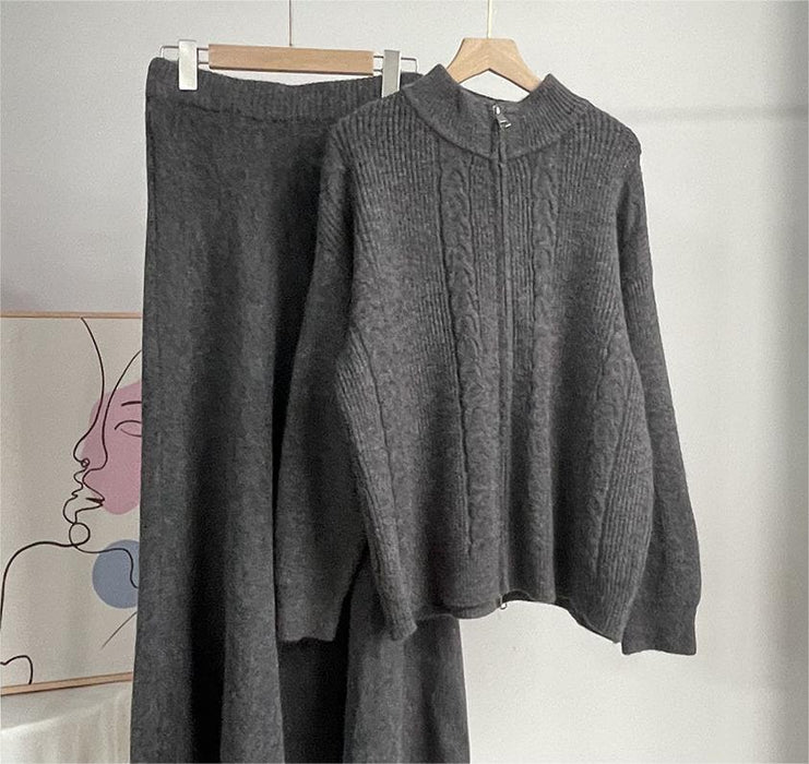 Loose Knitting Suit Women Autumn Winter Zipper Cardigan Sweater Fishtail Skirt-Fancey Boutique