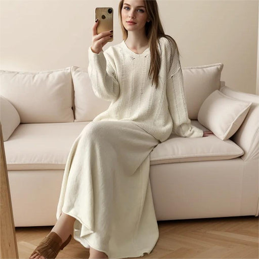 Loose Knitting Suit Women Autumn Winter Round Neck Sweater Fishtail Skirt-Fancey Boutique