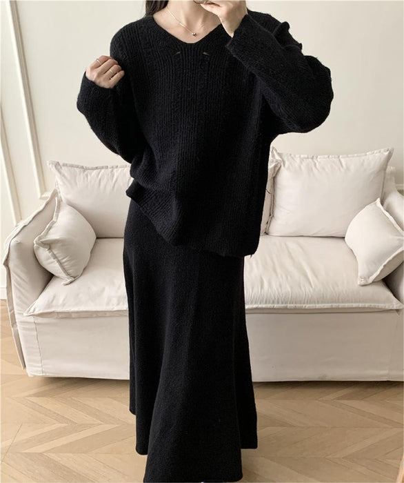 Loose Knitting Suit Women Autumn Winter Round Neck Sweater Fishtail Skirt-Fancey Boutique