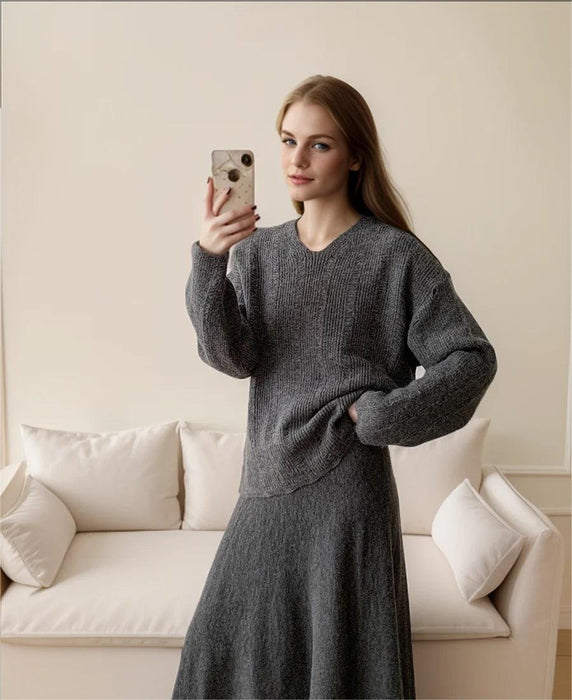 Loose Knitting Suit Women Autumn Winter Round Neck Sweater Fishtail Skirt-Fancey Boutique