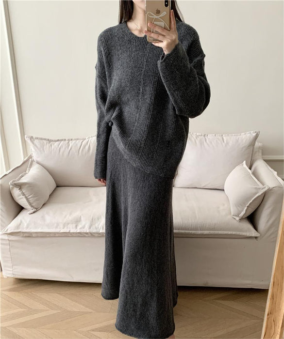 Loose Knitting Suit Women Autumn Winter Round Neck Sweater Fishtail Skirt-Fancey Boutique