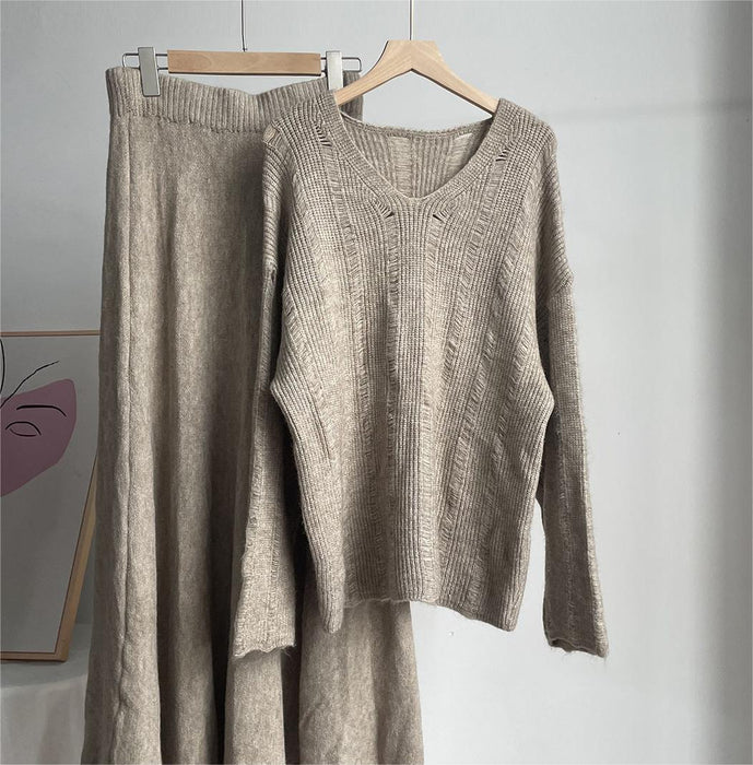 Loose Knitting Suit Women Autumn Winter Round Neck Sweater Fishtail Skirt-Fancey Boutique