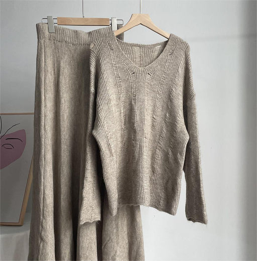 Loose Knitting Suit Women Autumn Winter Round Neck Sweater Fishtail Skirt-Khaki-Fancey Boutique