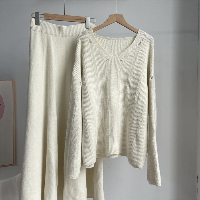 Loose Knitting Suit Women Autumn Winter Round Neck Sweater Fishtail Skirt-Ivory-Fancey Boutique