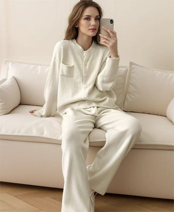 Loose Knitting Suit Women Autumn Winter Round Neck Cardigan Sweater Wide Leg Pants-Fancey Boutique