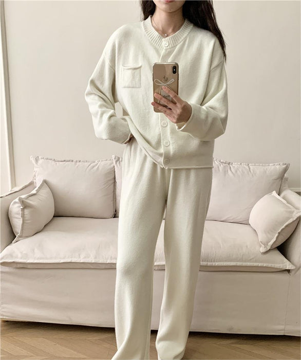 Loose Knitting Suit Women Autumn Winter Round Neck Cardigan Sweater Wide Leg Pants-Fancey Boutique