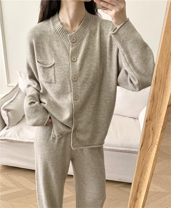 Loose Knitting Suit Women Autumn Winter Round Neck Cardigan Sweater Wide Leg Pants-Fancey Boutique