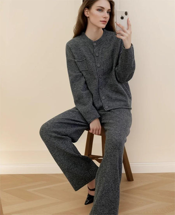 Loose Knitting Suit Women Autumn Winter Round Neck Cardigan Sweater Wide Leg Pants-Fancey Boutique