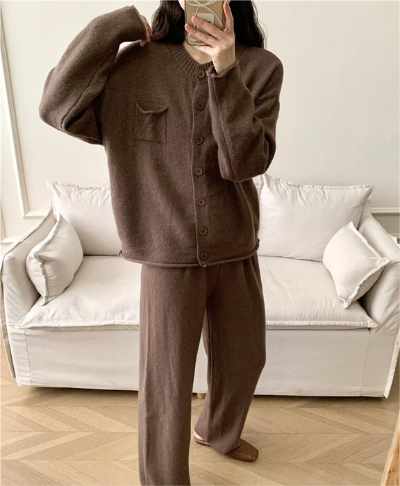 Loose Knitting Suit Women Autumn Winter Round Neck Cardigan Sweater Wide Leg Pants-Fancey Boutique