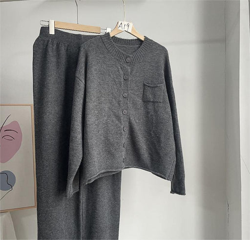 Loose Knitting Suit Women Autumn Winter Round Neck Cardigan Sweater Wide Leg Pants-Gray-Fancey Boutique