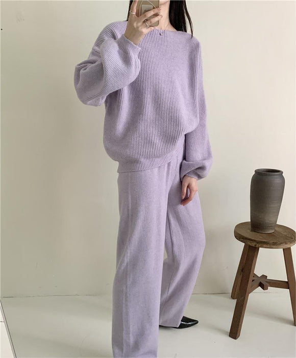 Loose Knitting Suit Women Autumn Winter Round Neck Sweater Wide Leg Pants-Fancey Boutique