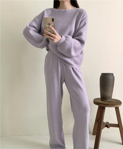 Loose Knitting Suit Women Autumn Winter Round Neck Sweater Wide Leg Pants-Fancey Boutique